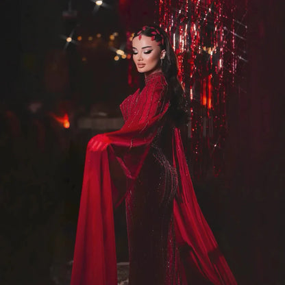 Nude Luxury Beaded Mermaid Evening Gown with Cape Sleeves LA72811A