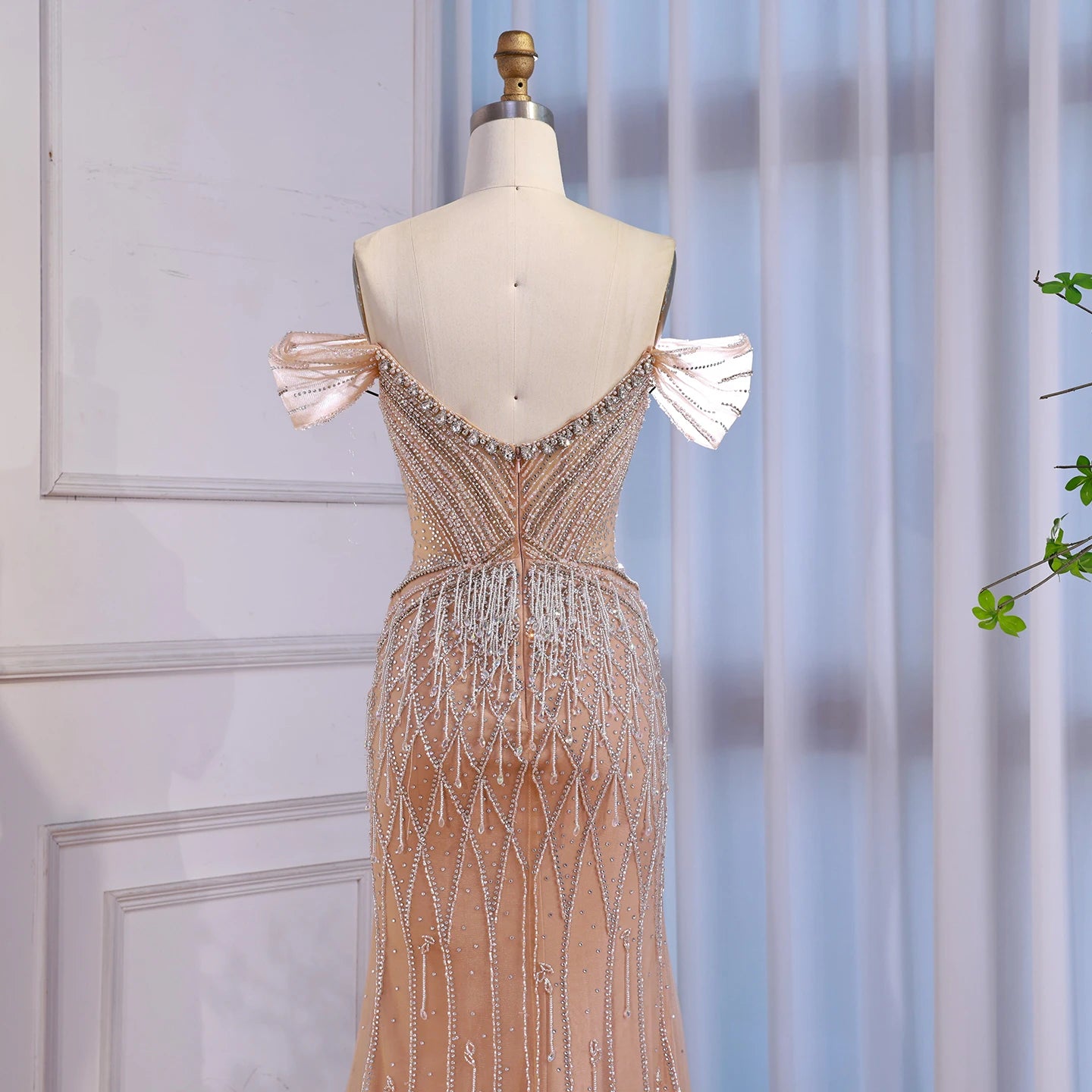 Luxury Nude Off Shoulder Beaded Tassel Evening Dress LA72854A