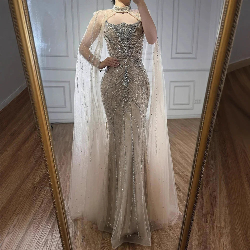 Luxury Dubai Nude Mermaid Evening Dress with Cape Sleeves LA73195