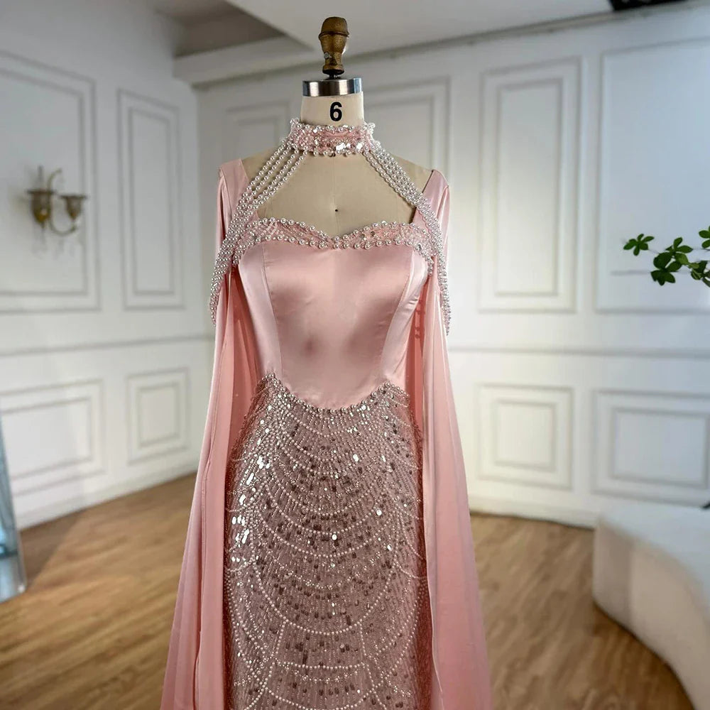 Luxury Arabic Pearls Pink Evening Dress with Cape LA73051
