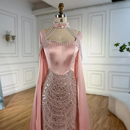 Luxury Arabic Pearls Pink Evening Dress with Cape LA73051