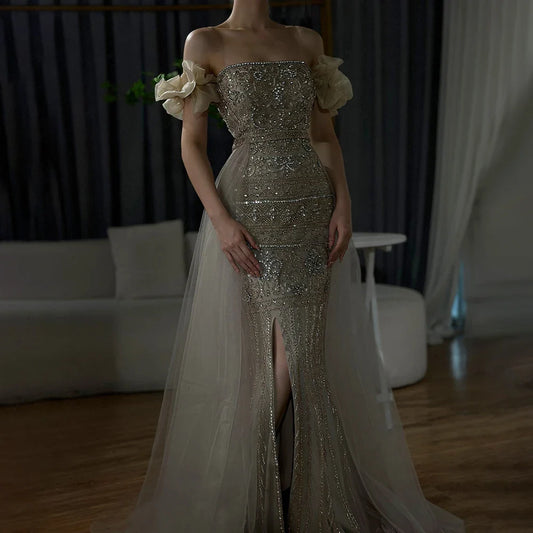 Caramel Beaded Evening Dress with Detachable Overskirt LA72603