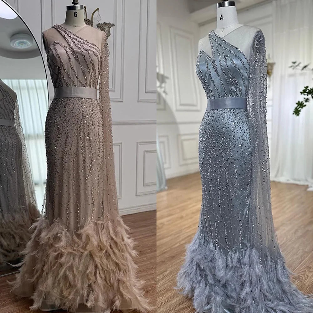 Elegant Nude One Shoulder Feather Beaded Mermaid Evening Dress LA71096