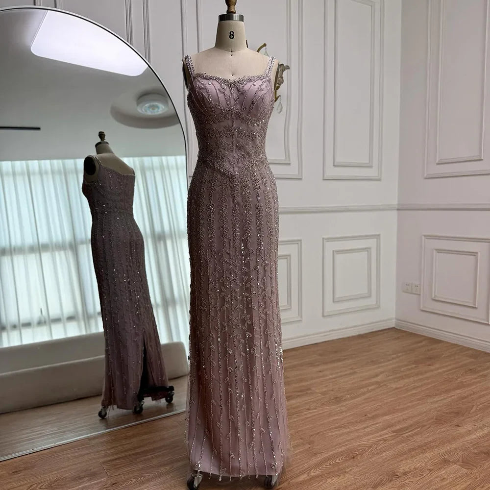 Luxury Arabic Blue Spaghetti Strap Mermaid Evening Dress Beaded LA72725