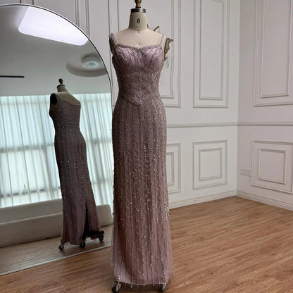 Luxury Arabic Blue Spaghetti Strap Mermaid Evening Dress Beaded LA72725