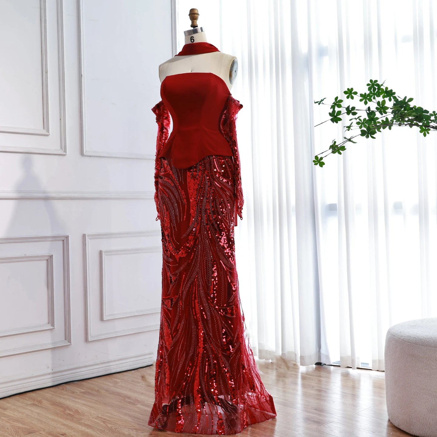 Luxuriöses weinrotes Meerjungfrauen-Abendkleid mit Handschuhen LA73050E