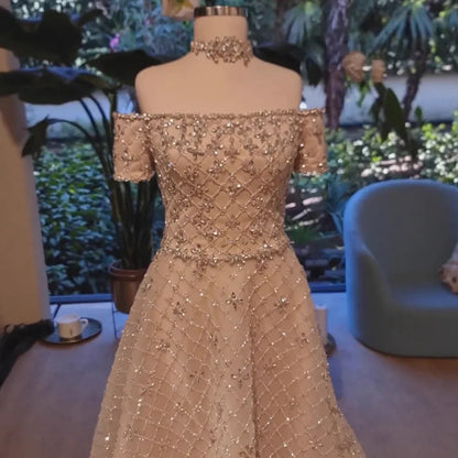 Luxury Nude Sliver Off Shoulder Beaded Crystal A-Line Evening Dress LA73122