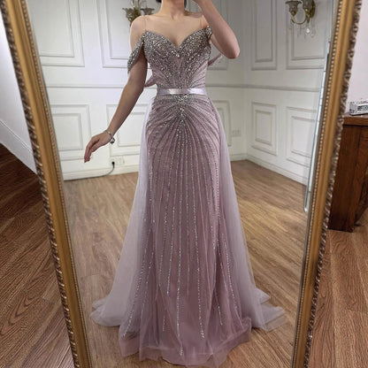 Luxury Nude Arabic Crystal Beaded Mermaid Off Shoulder Evening Dress LA73128