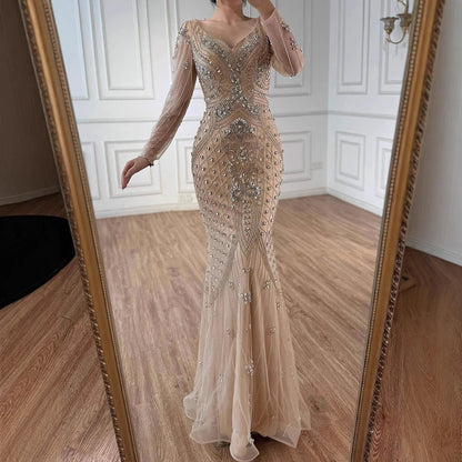 Luxury Nude Long Sleeve Beaded Mermaid Evening Dress LA73155