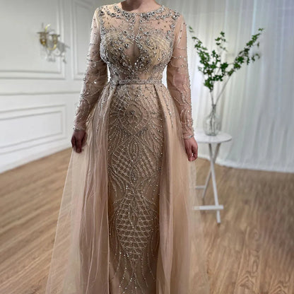 Serene Hill Muslim Silver Nude Mermaid Gown with Detachable Overskirt Beaded Evening Dress for Women Wedding Party  LA71919