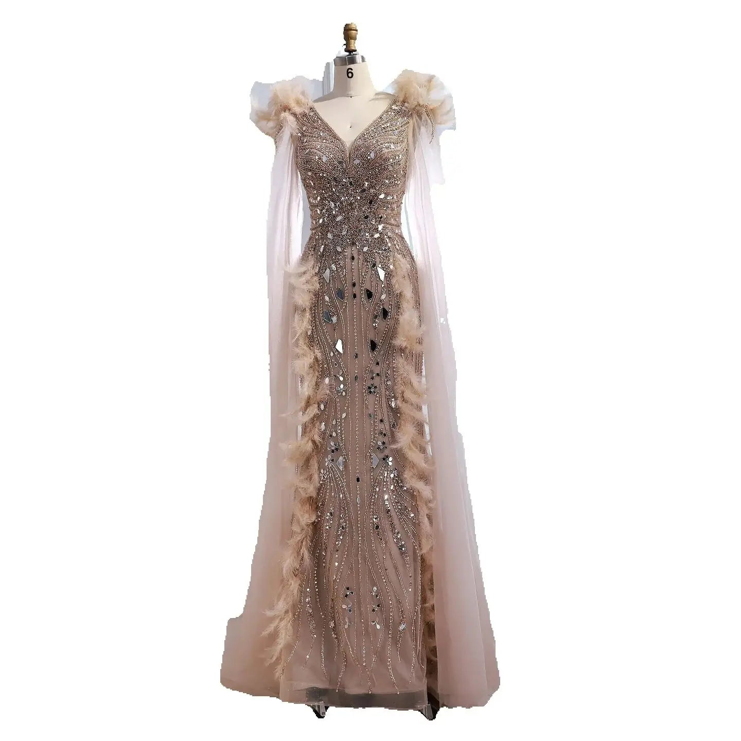 Luxury Caramel Feather Mirror Beaded Mermaid Evening Dress With Cape LA73328