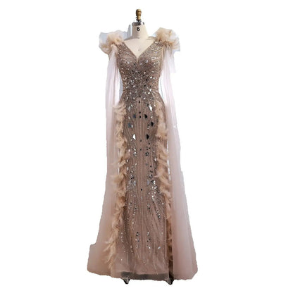 Luxury Caramel Feather Mirror Beaded Mermaid Evening Dress With Cape LA73328