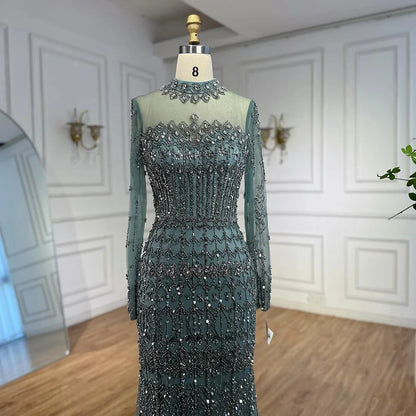 Luxury Arabic Turquoise Beaded Mermaid Evening Dress Long Sleeve LA72714C