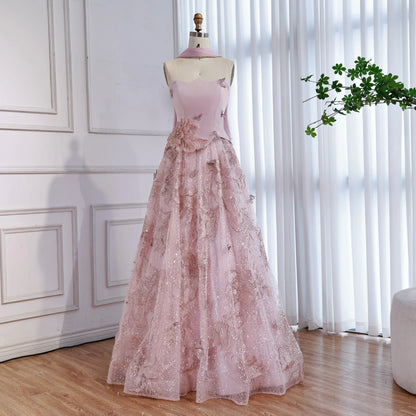 فستان سهرة فاخر وردي اللون مكون من قطعتين بتصميم A-Line مع كاب LA73415