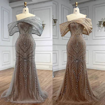 Luxury Silver Nude Off Shoulder Mermaid Evening Dress LA72878