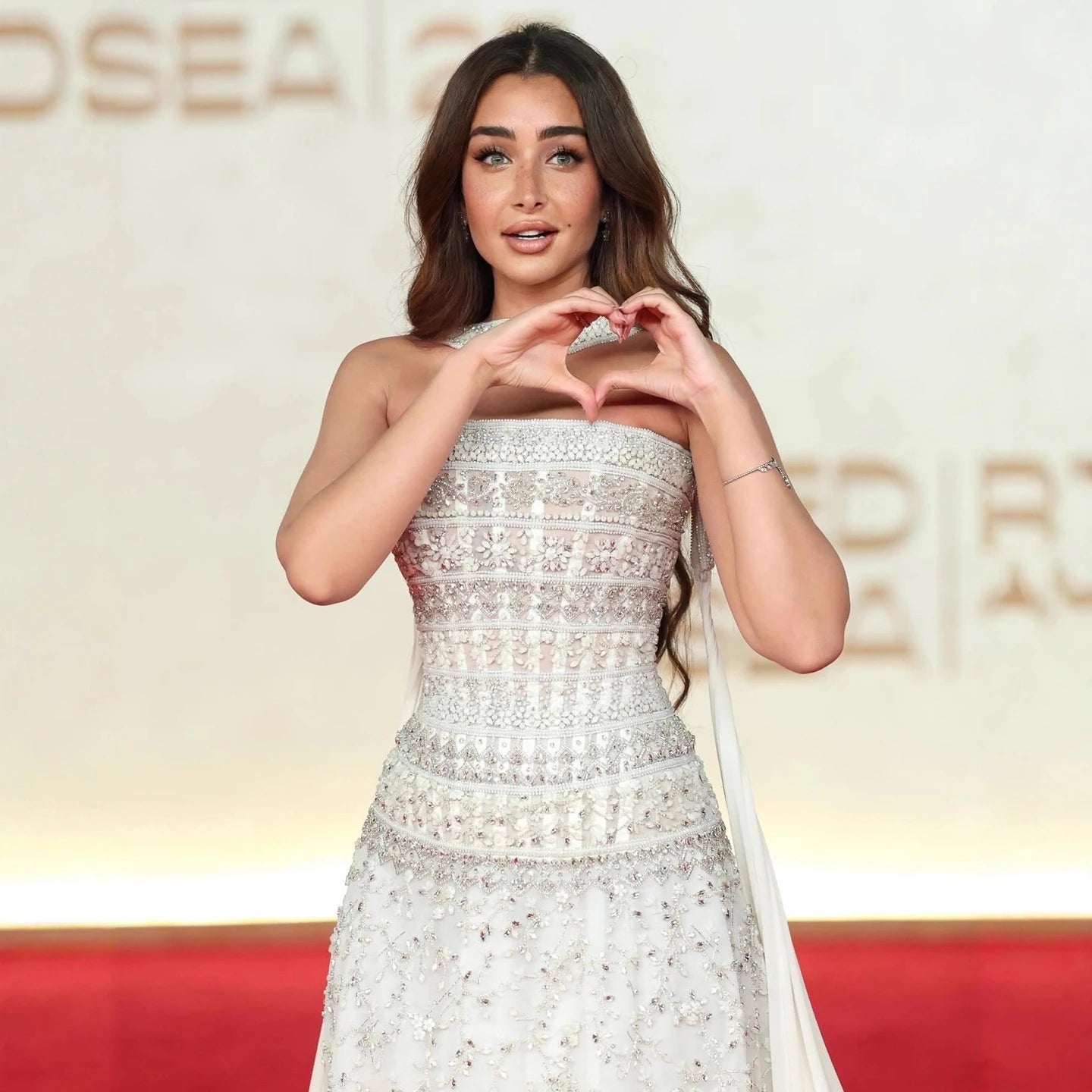 Luxury White Crystal Beaded Strapless Cape Evening Dress LA73334