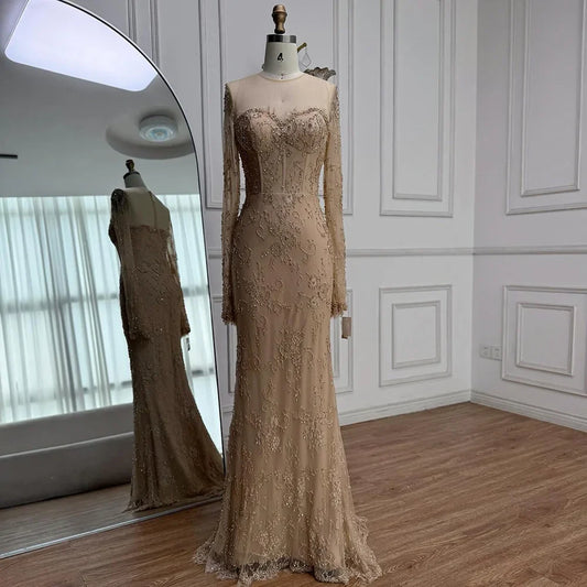 Luxury Arabic Lace Beaded Mermaid Evening Dress with Sleeves LA72545