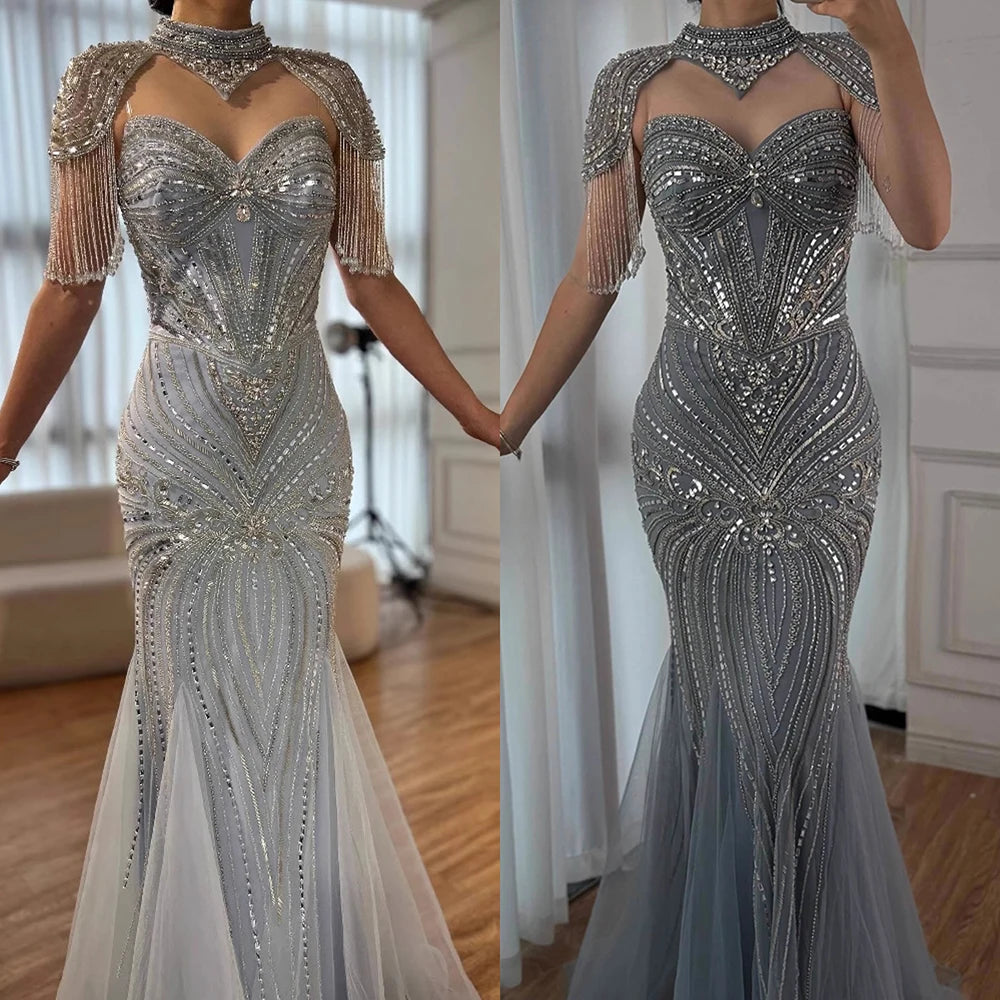 Luxury Nude Beaded High Neck Mermaid Evening Dress LA72897