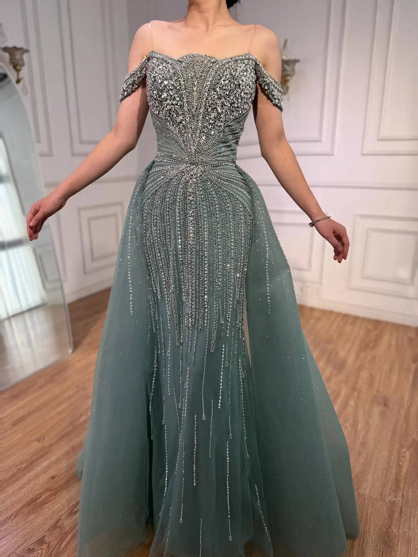 Luxury Beaded Nude Off Shoulder Mermaid Evening Dress LA73392