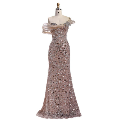 Luxury Nude Beaded Off Shoulder Mermaid Evening Dress LA73365A