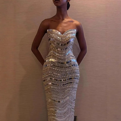 Luxury Silver Nude Beaded Mermaid Evening Dress LA73449