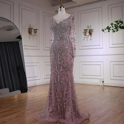Luxury Nude Beaded Crystal Evening Dress with Long Sleeves LA73042