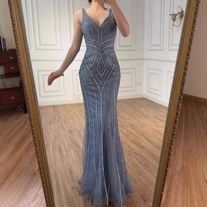 V Neck Beaded Sleeveless Mermaid Evening Dress LA73013