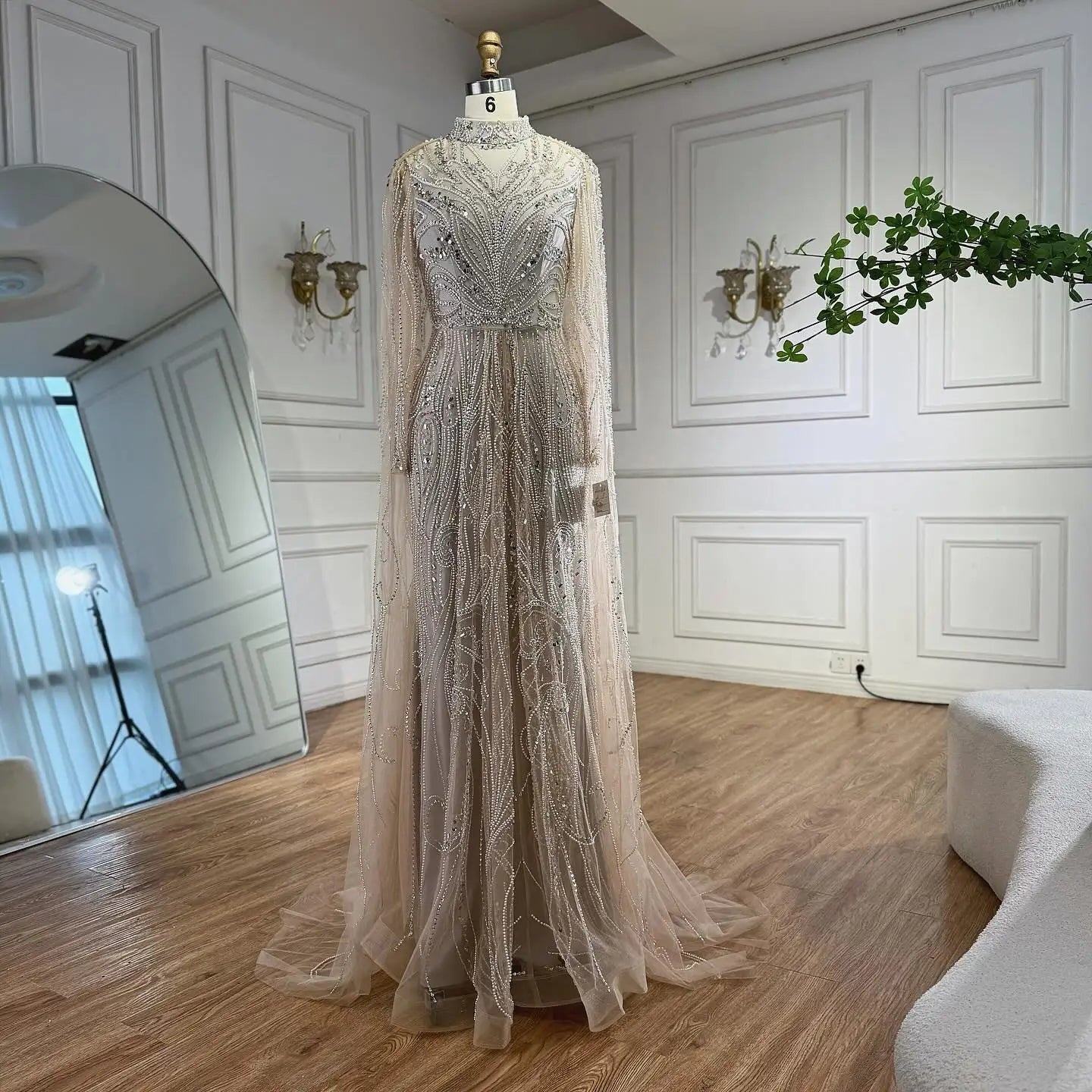 Luxury Sliver Hijab Modest Muslim Beaded Evening Dress LA73215