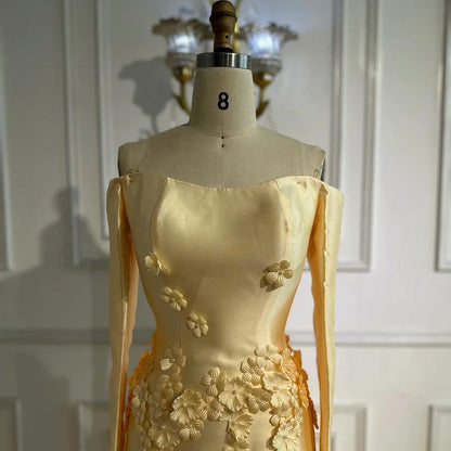 Luxury Dubai   Arabia Yellow A-Line Satin Appliques Evening Dresses Gowns for Formal Occasion LA72833