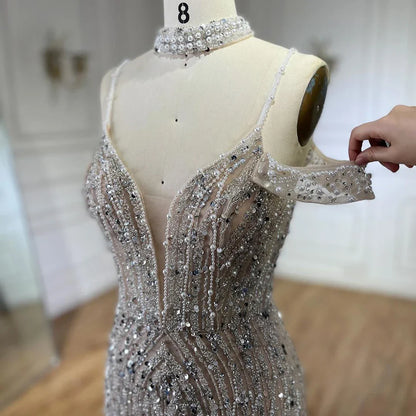Luxury Silver Nude Beaded Evening Dress with Spaghetti Straps and High Slit LA72047C