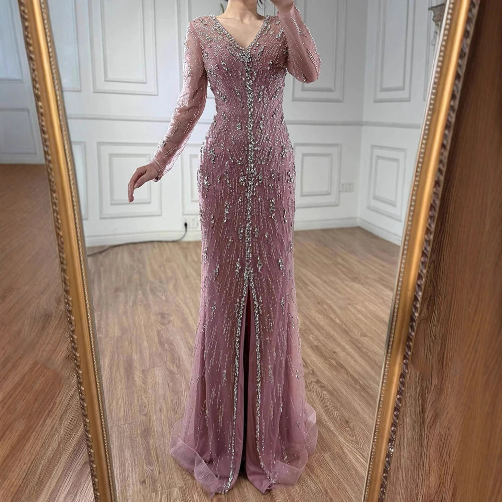 Luxury Turquoise Crystal Beaded Evening Dress Elegant Slit Gown LA73179