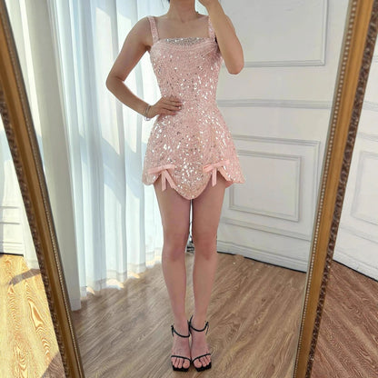 Luxury Nude Pearl Beaded A-Line Mini Evening Dress LA73211