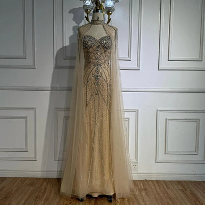 Luxury Turquoise Beaded Cape Sleeve Saudi Arabic Evening Dress LA73136A