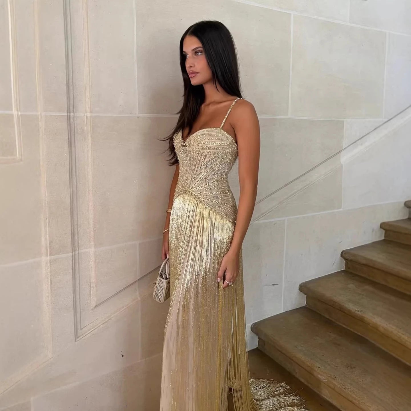 Luxury Arabic Gold Mermaid Beaded Tassel Evening Dress LA73446