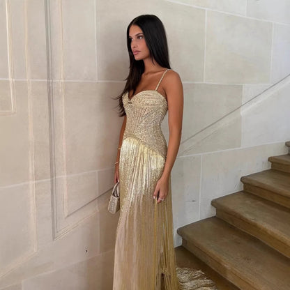 Luxury Arabic Gold Mermaid Beaded Tassel Evening Dress LA73446