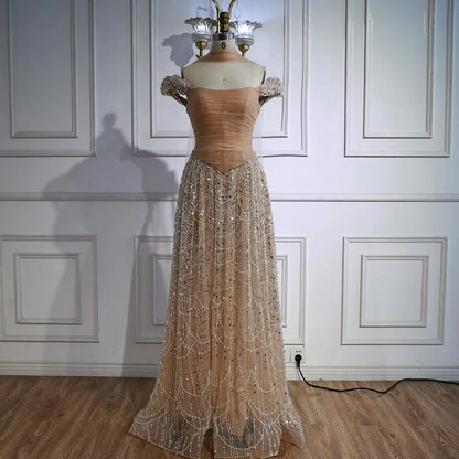 Luxury Arabic Pink Pearls Beaded Evening Dress With Cape LA72922