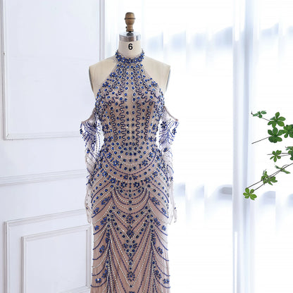 Luxury Kosovo Blue Evening Dress With Gloves LA72760C