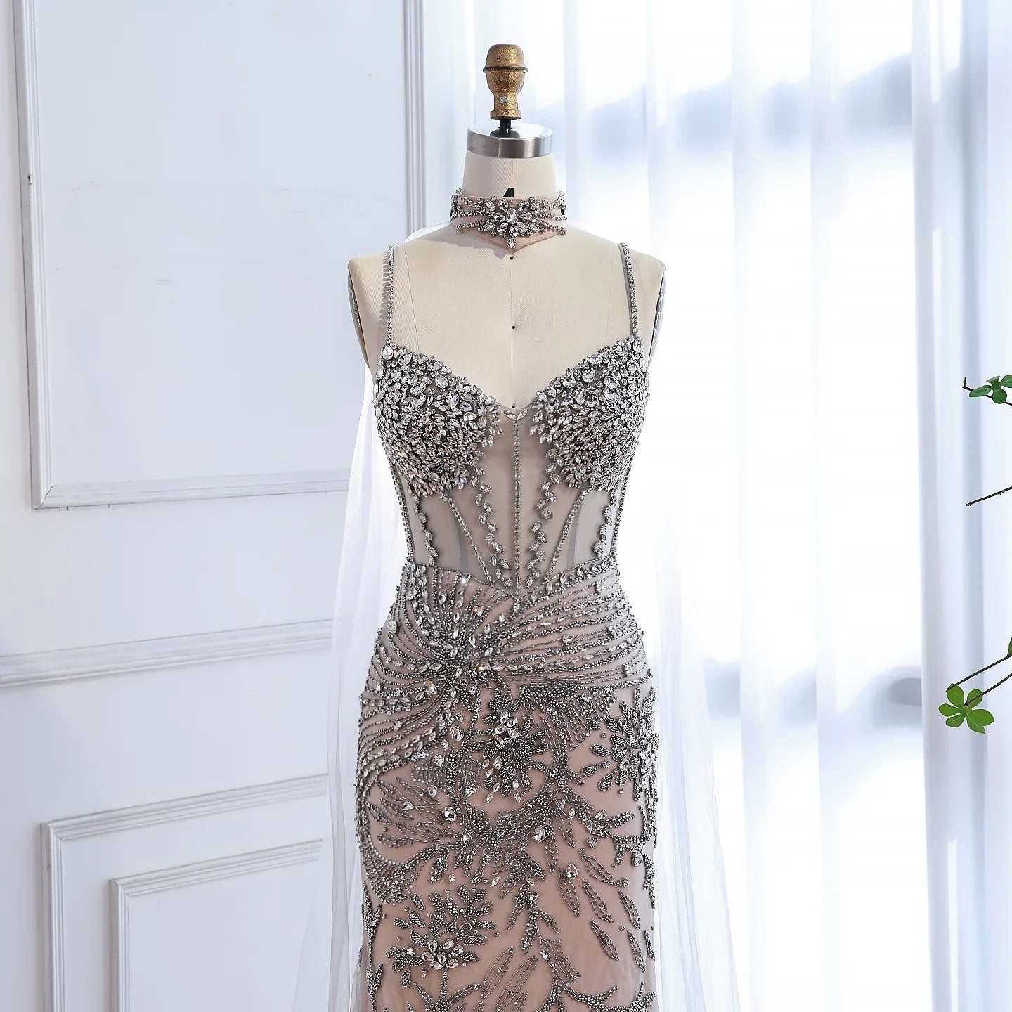 Luxury Evening Dress Grey Beaded With Cape Prom Gown LA73342