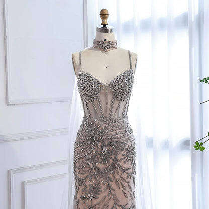 Luxury Evening Dress Grey Beaded With Cape Prom Gown LA73342