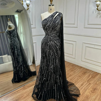 Luxury Black One Shoulder Mermaid Evening Dress with High Slit LA72829