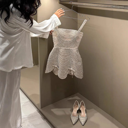 Luxury Nude Pearl Beaded A-Line Mini Evening Dress LA73211