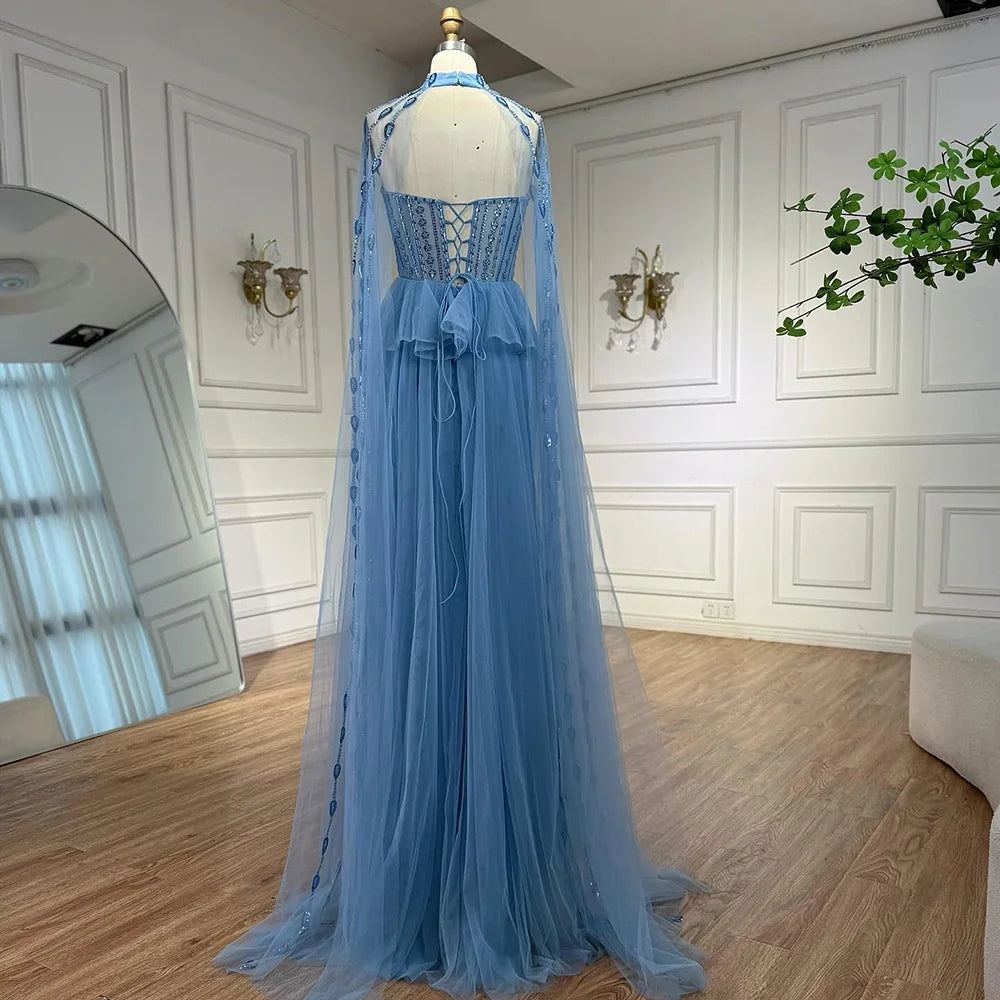 Luxury Blue Sequin Beaded Evening Dress with Cape Sleeves LA73108