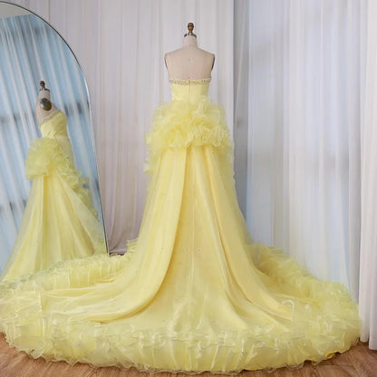 Luxury Dubai   Evening Gown for Formal Occasion Elegant Yellow Dress with Ruffles and Beaded Details LA72889
