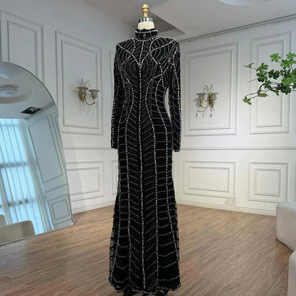 Muslim Luxury Black Beaded Saudi Arabic Mermaid Evening Dress LA72931