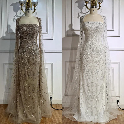 Luxury White Dubai Arabia Beading  Evening Dress With Cape LA72870