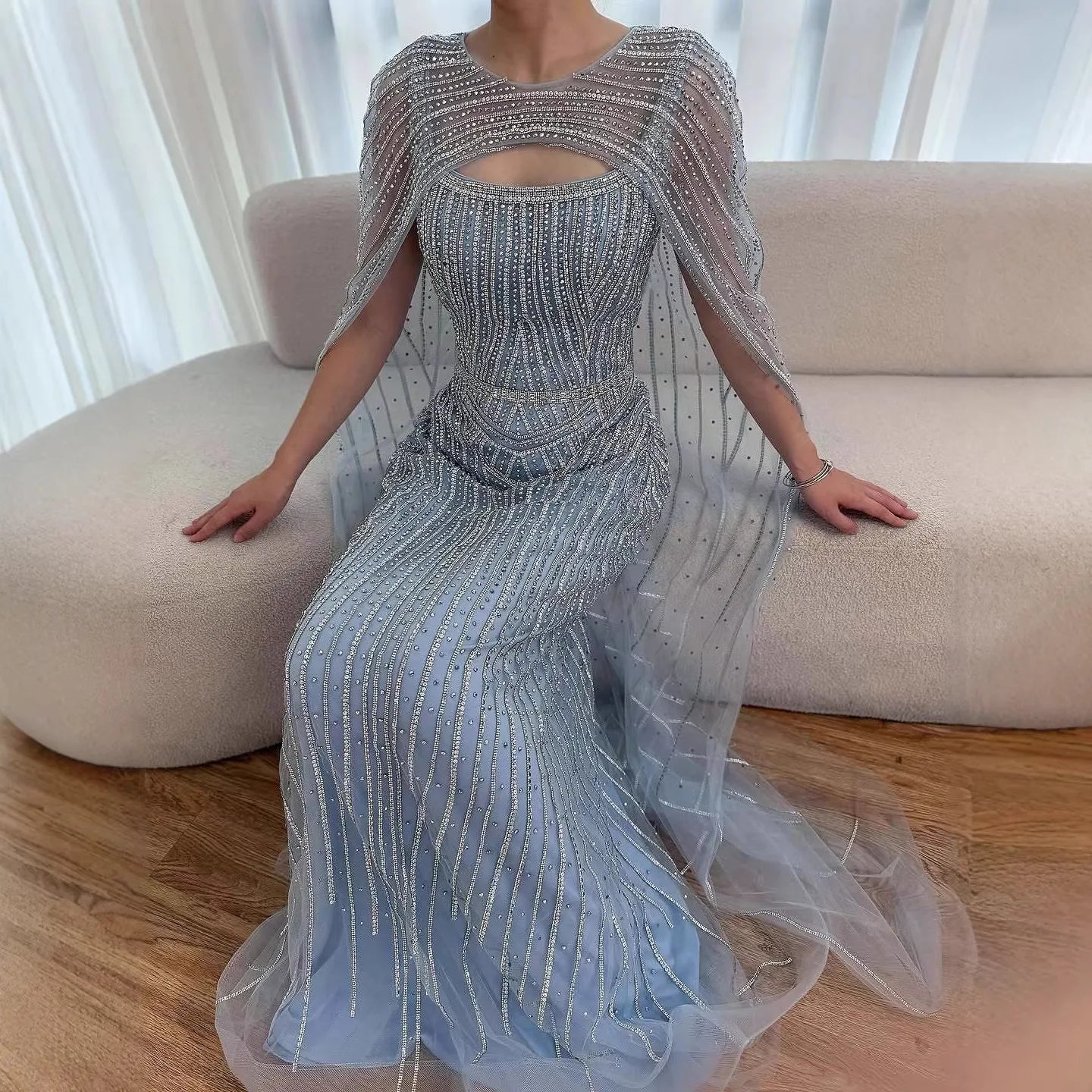 Luxury Blue Diamond Evening Dress With Cape LA73426