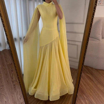 Luxury Yellow High Neck A-Line Evening Dress with Cape Sleeves LA73097