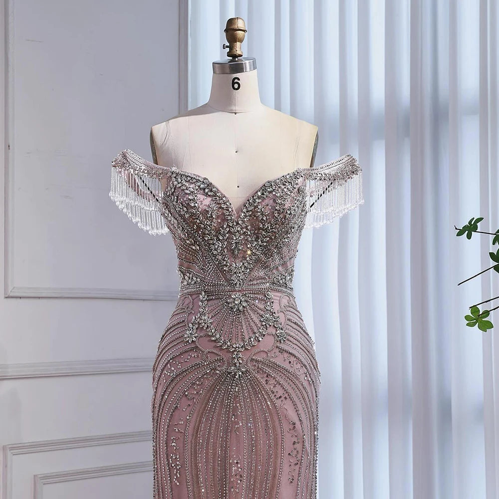 Luxury Pink Crystal Tassel Off Shoulder Evening Dress Dubai LA73204