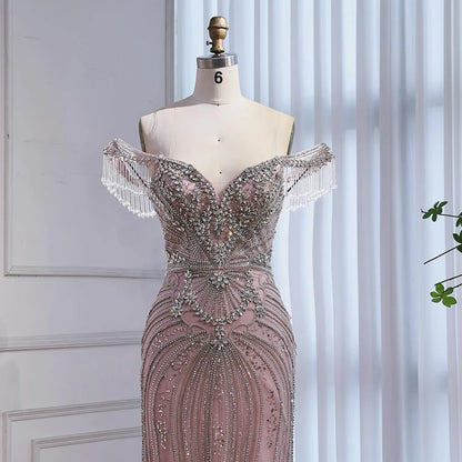 Luxury Pink Crystal Tassel Off Shoulder Evening Dress Dubai LA73204