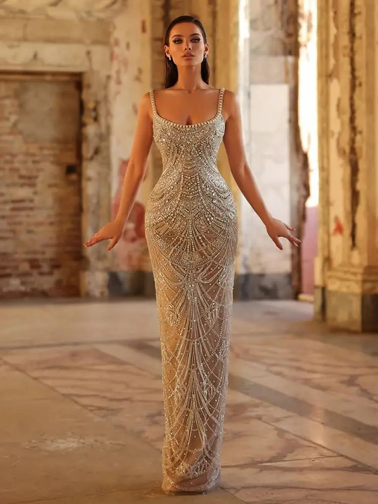 Luxury Nude Mermaid Evening Dress with Spaghetti Straps LA72986